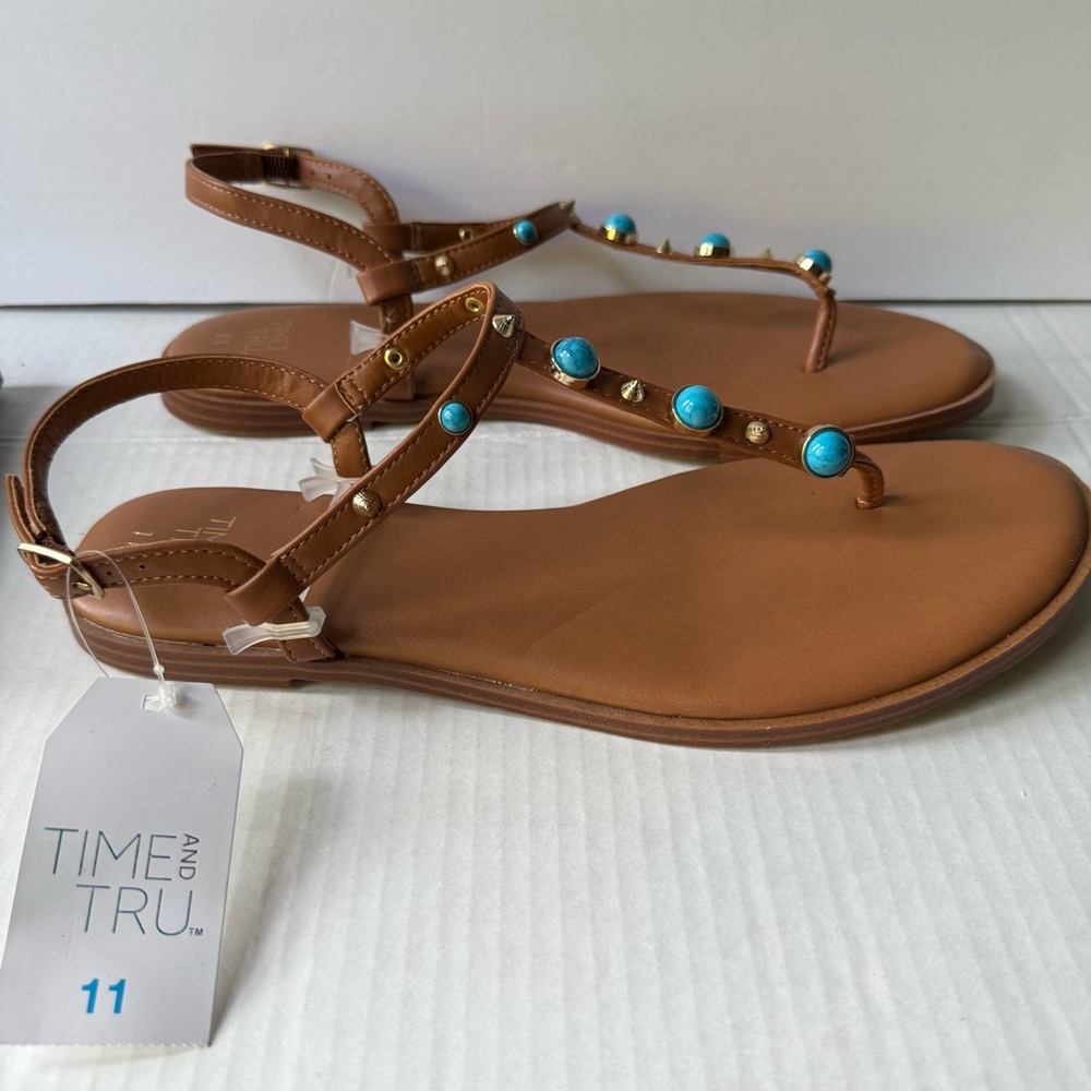 Time and Tru‎ Tan Sandals with Turquoise Shoes Women’s Size 11 Straps New